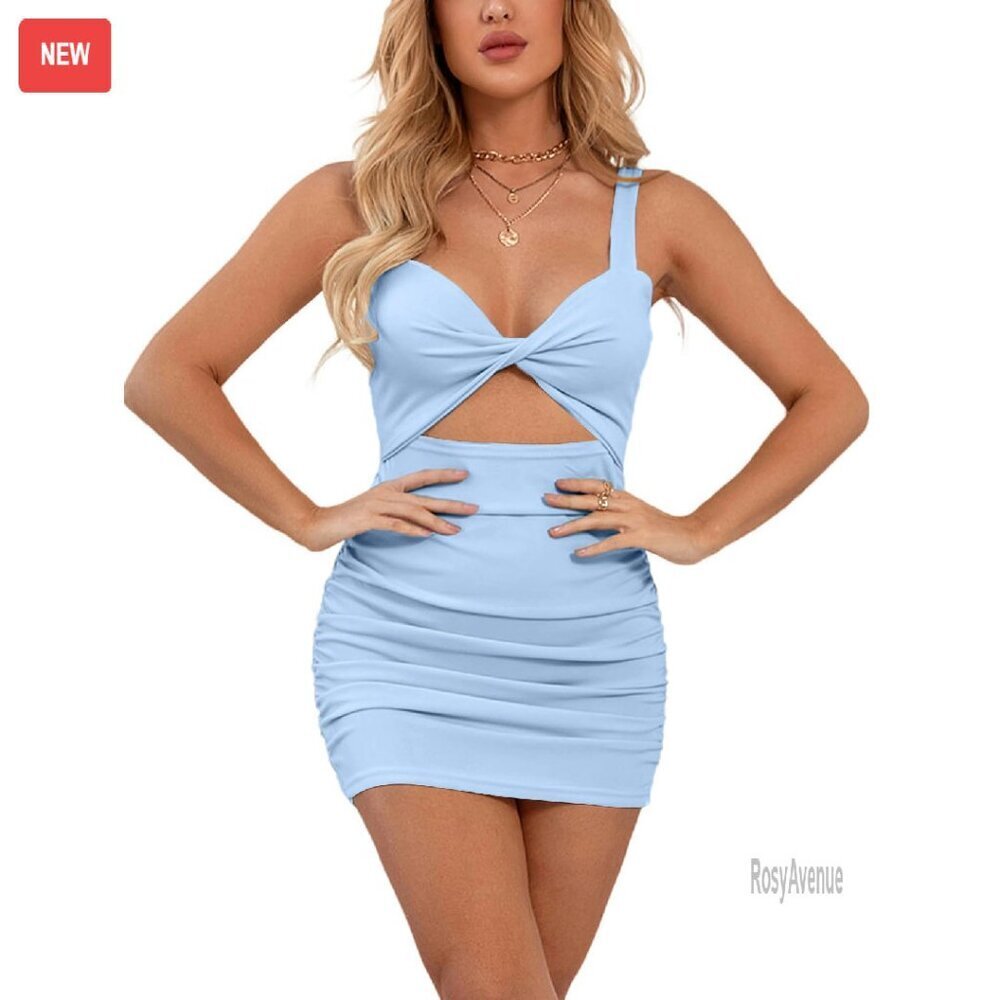 Cut Out Twist Knot Front Ruched Bodycon Mini Dress Stretchy Fabric
